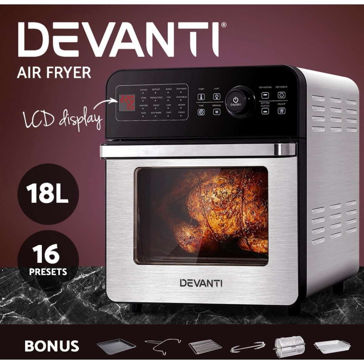 Devanti 18L Digital Air Fryer Oil Free Airfryer Kitchen Cooker Deep