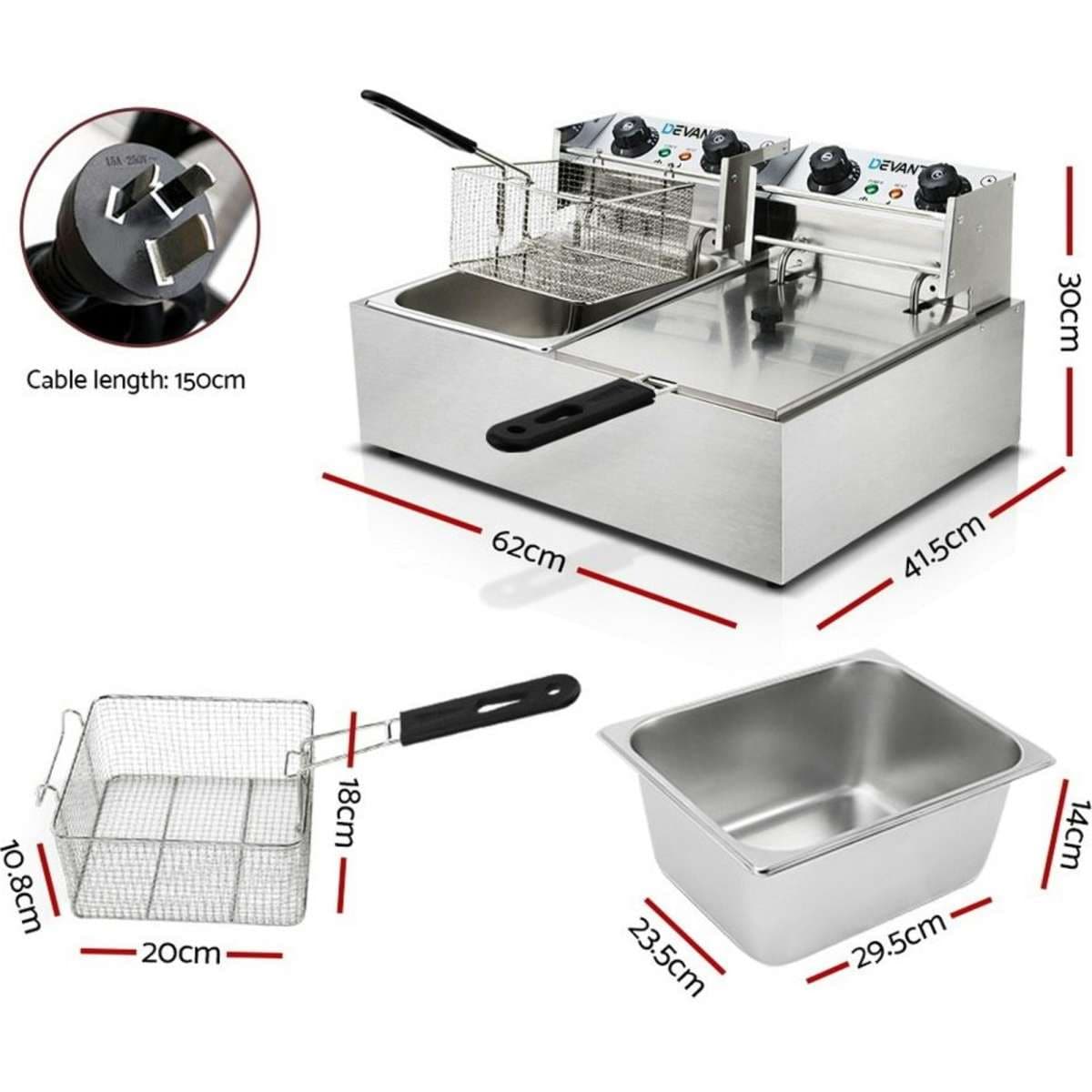 Devanti Electric Commercial Deep Fryer Twin Frying Basket Chip Cooker