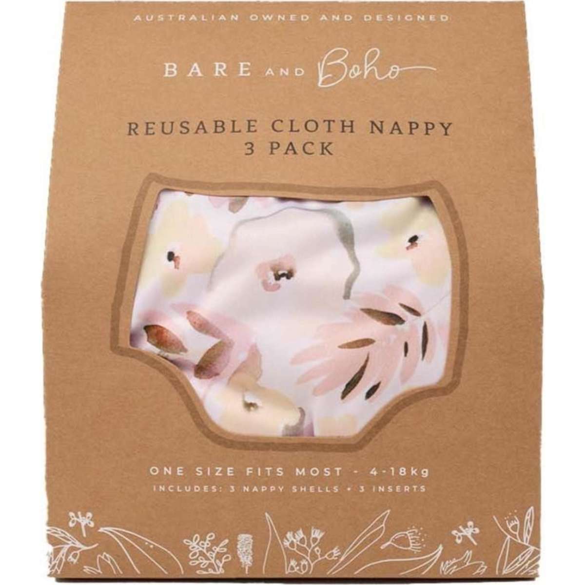 Bare and Boho 3 Pack Cloth Nappy Onesize Hemp Romantic Floral Woolworths