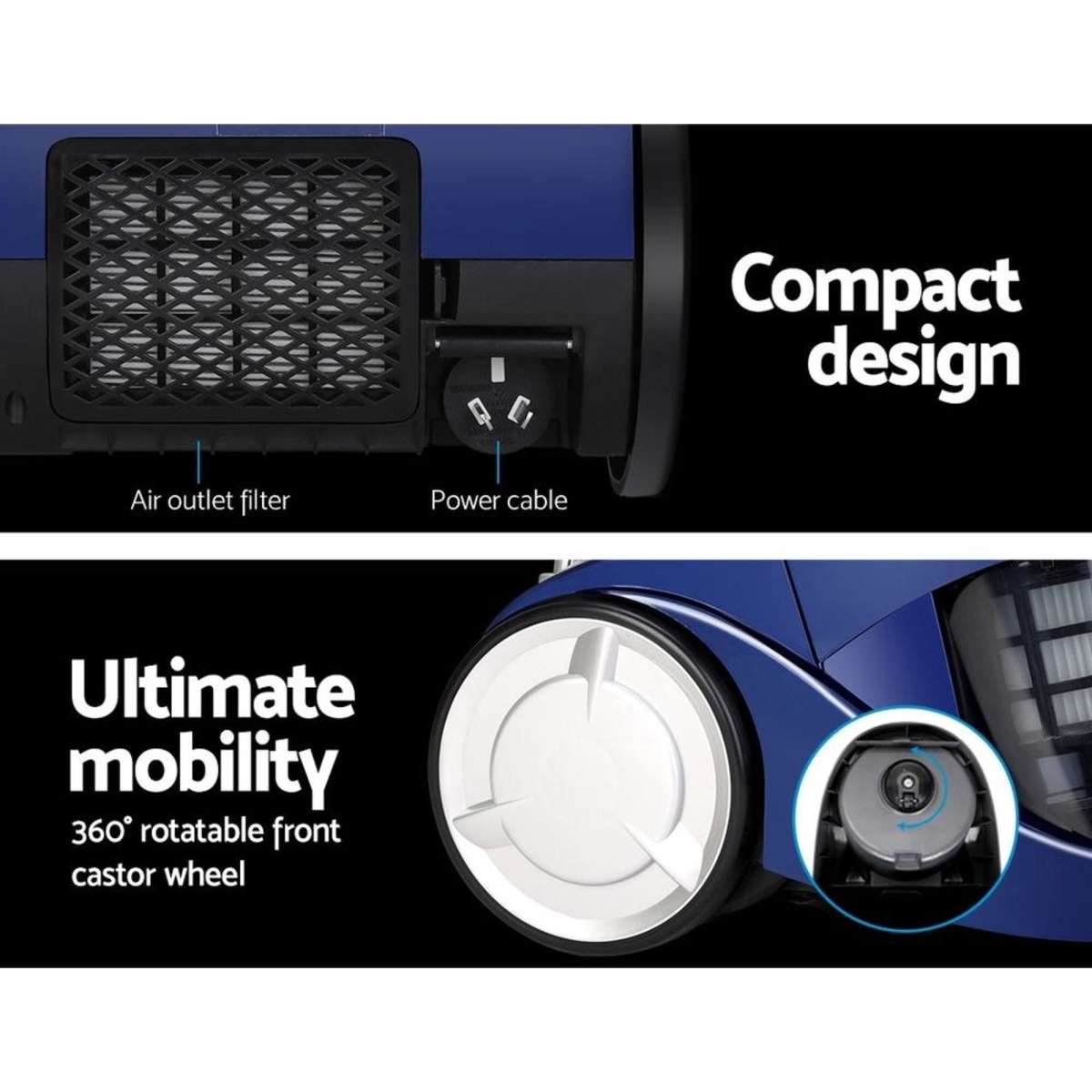 Devanti Portable Bagless Vacuum Cleaner Cyclone Cyclonic 2200W Blue