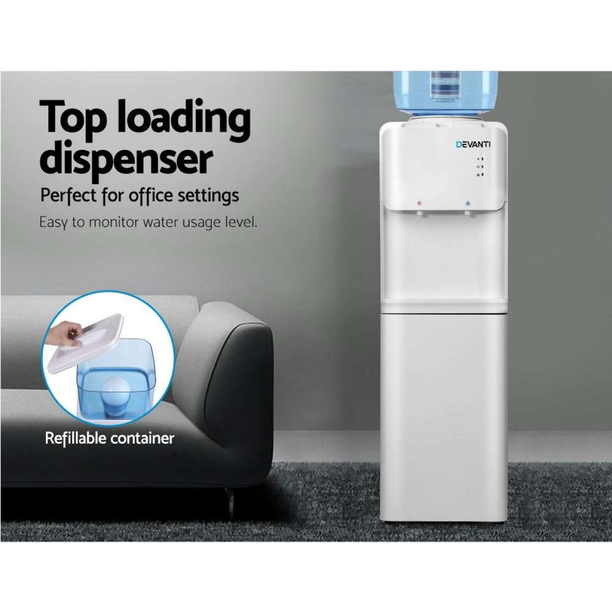 Devanti 22L Water Cooler Dispenser Stand Hot Cold Taps 3 Layer Filter