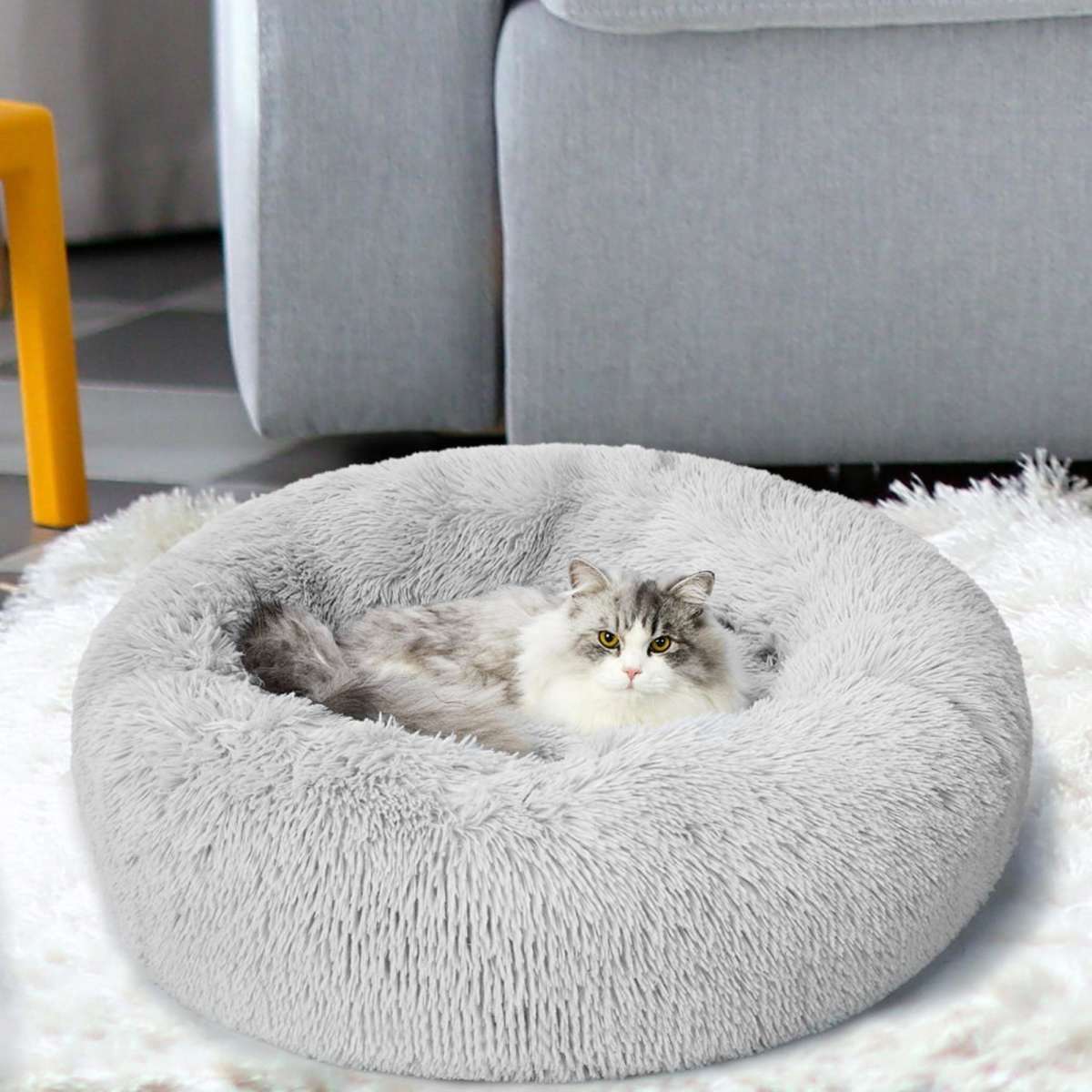 PaWz Pet Bed Cat Dog Donut Nest Calming Kennel Cave Sleeping Light Grey ...