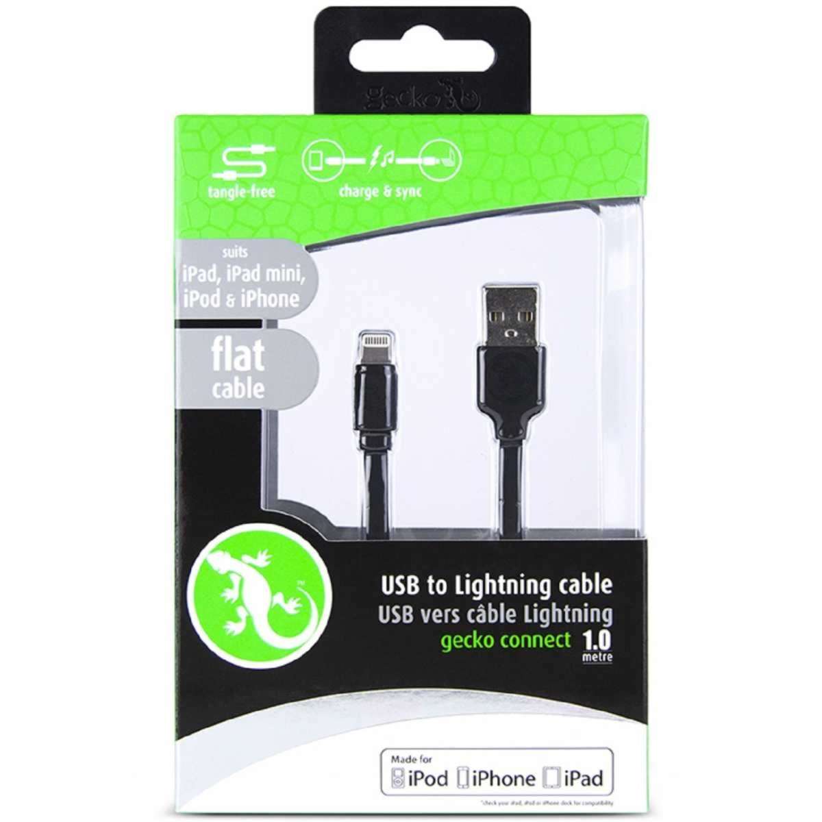 Gecko Lightning to USB Flat 1m Cable Black (GG100060) Woolworths