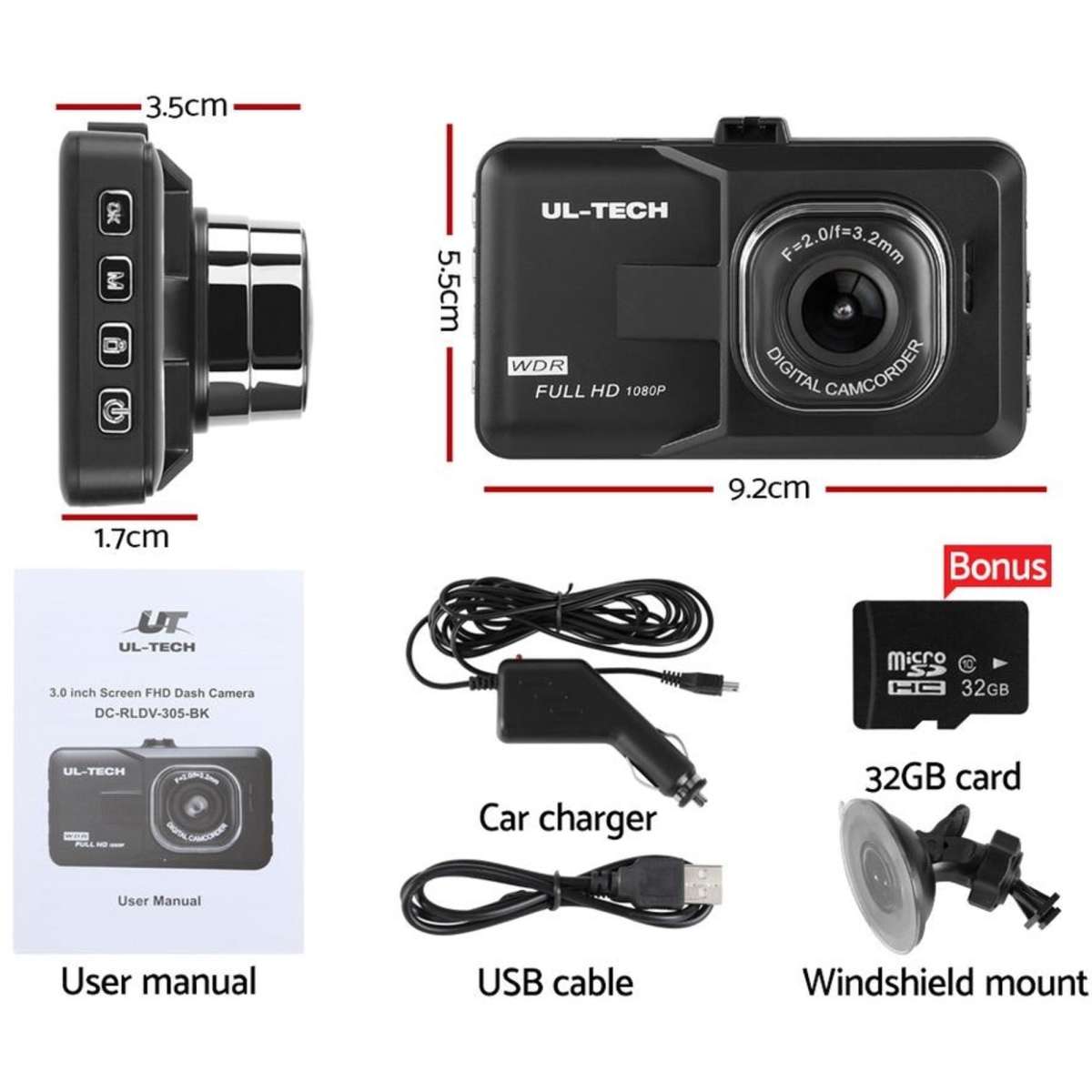 ULtech Touch Screen Dash Cam Camera Car Recorder 1080P DVR Night