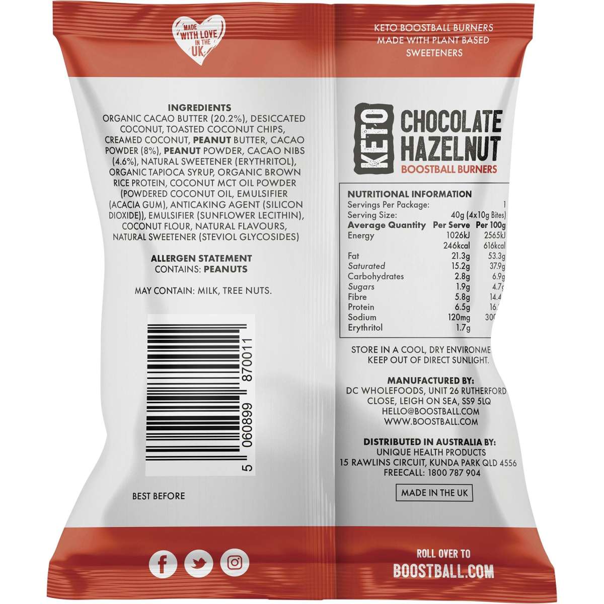 Boostball Burners Keto Bites Chocolate Hazelnut Box 40g 12pack