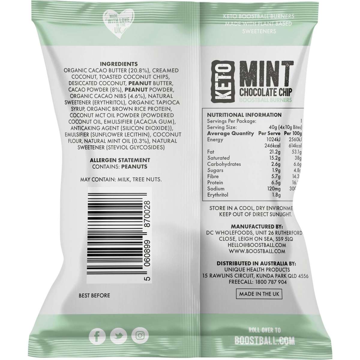Boostball Burners Keto Bites Mint Chocolate Chip Box 40g 12pack