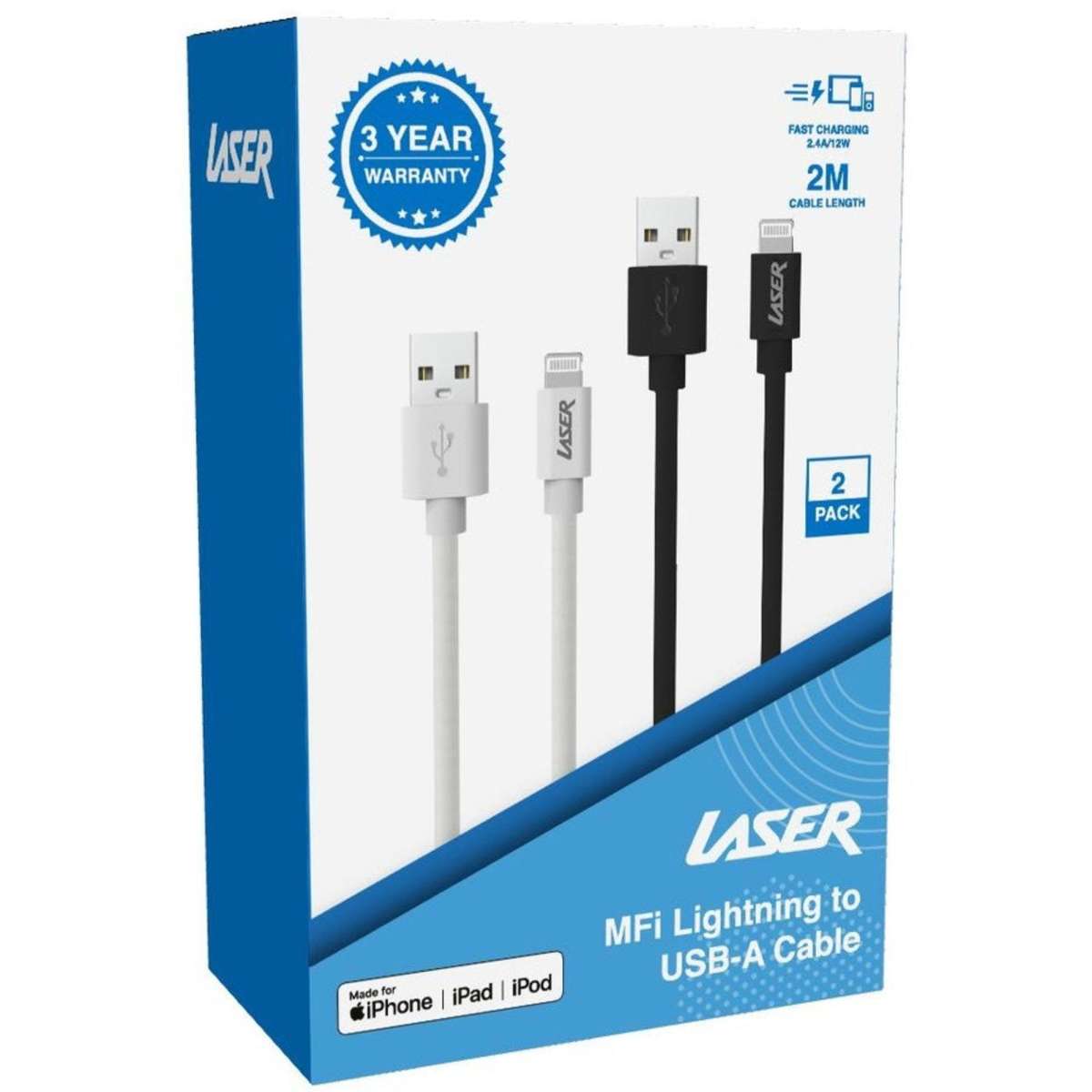 Laser MFi Lightning to USBA Cables 2 Pack White/Black Woolworths