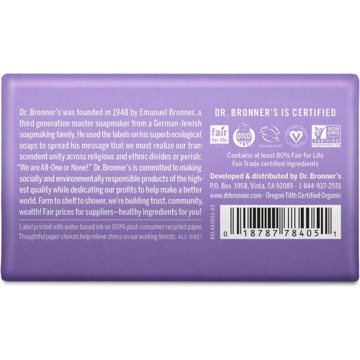 Dr Bronner's Lavender Soap Bar 140g Woolworths