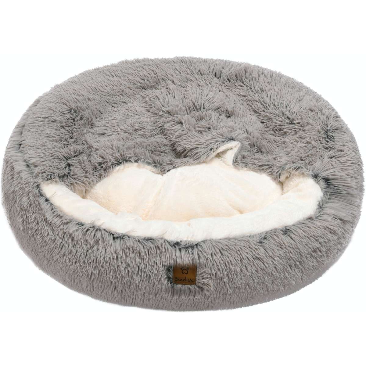 Charlie's Snookie Hooded Faux Fur Calming Dog Bed Grey Medium Woolworths