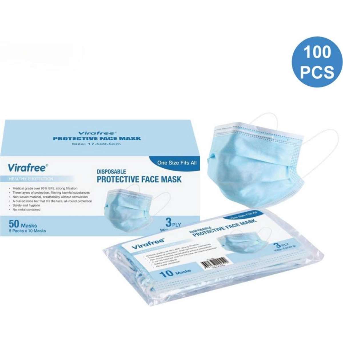 Virafree 3 Layer Disposable Protective Face Mask Blue 100pcs (2 boxes