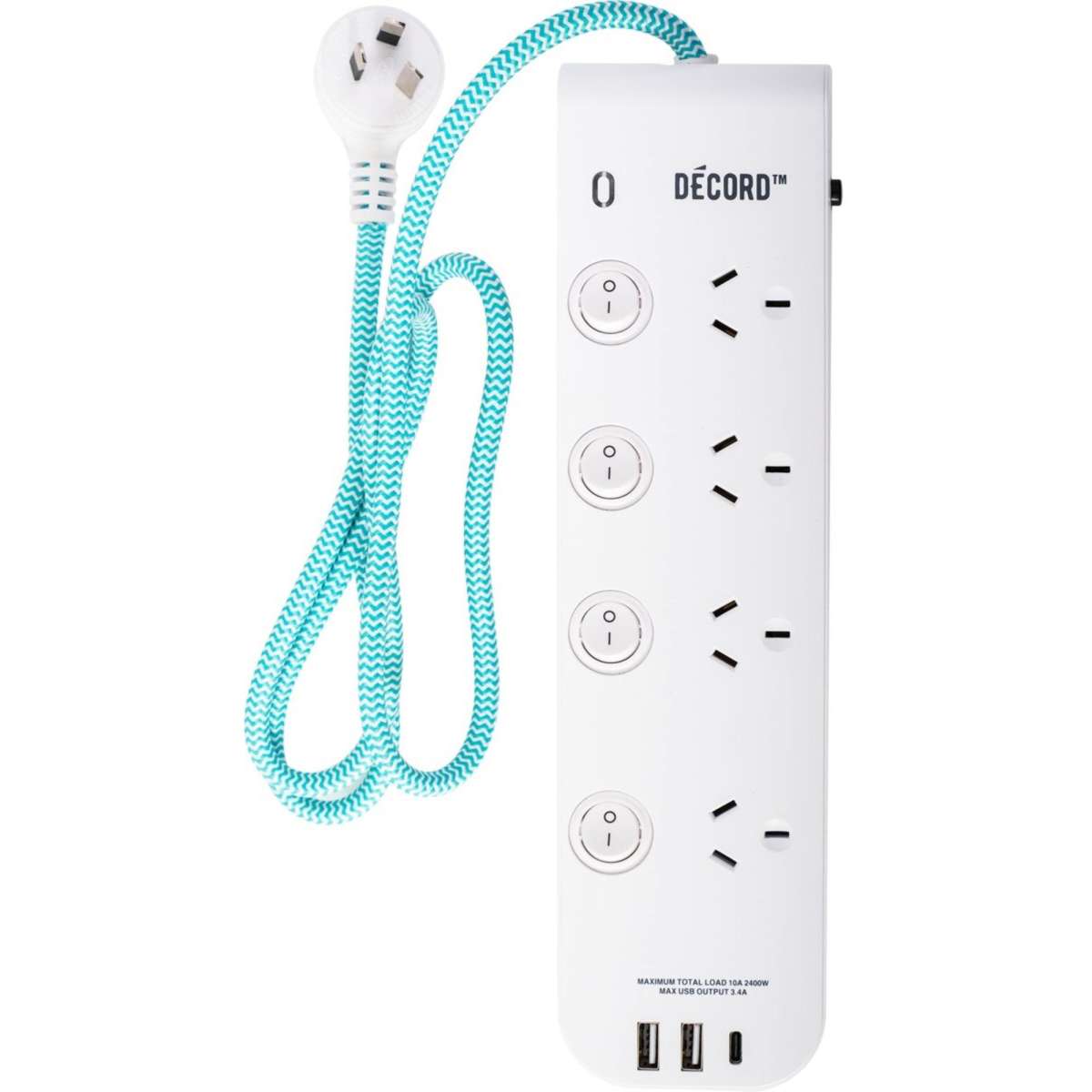 Decord 4 Sockets 4 Switch Power Board 3 USB 1M Woolworths