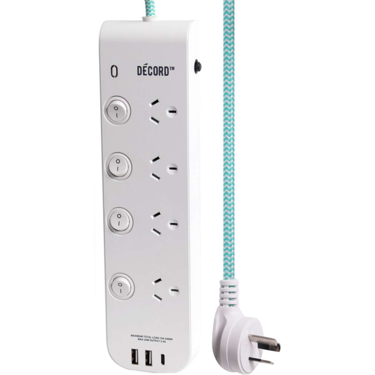 Decord 4 Sockets 4 Switch Power Board 3 USB 1M Woolworths