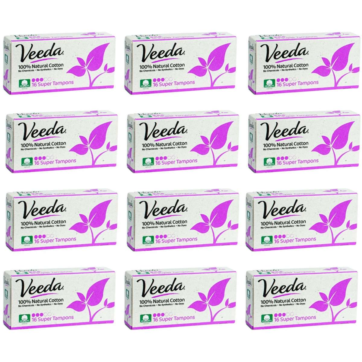 Veeda 100 Natural Cotton Super Tampons 12 Packs x 16 Tampons Woolworths