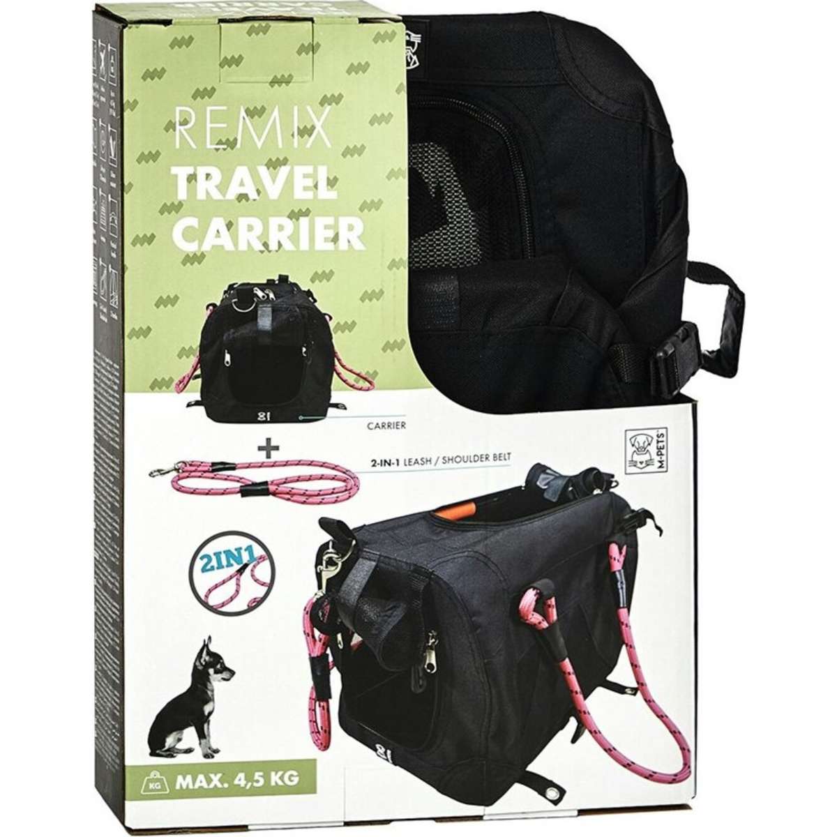 MPets 2in1 Remix Travel Carrier Pet/Dog Bag w/ Leash/Belt Black/Pink 41cm Woolworths