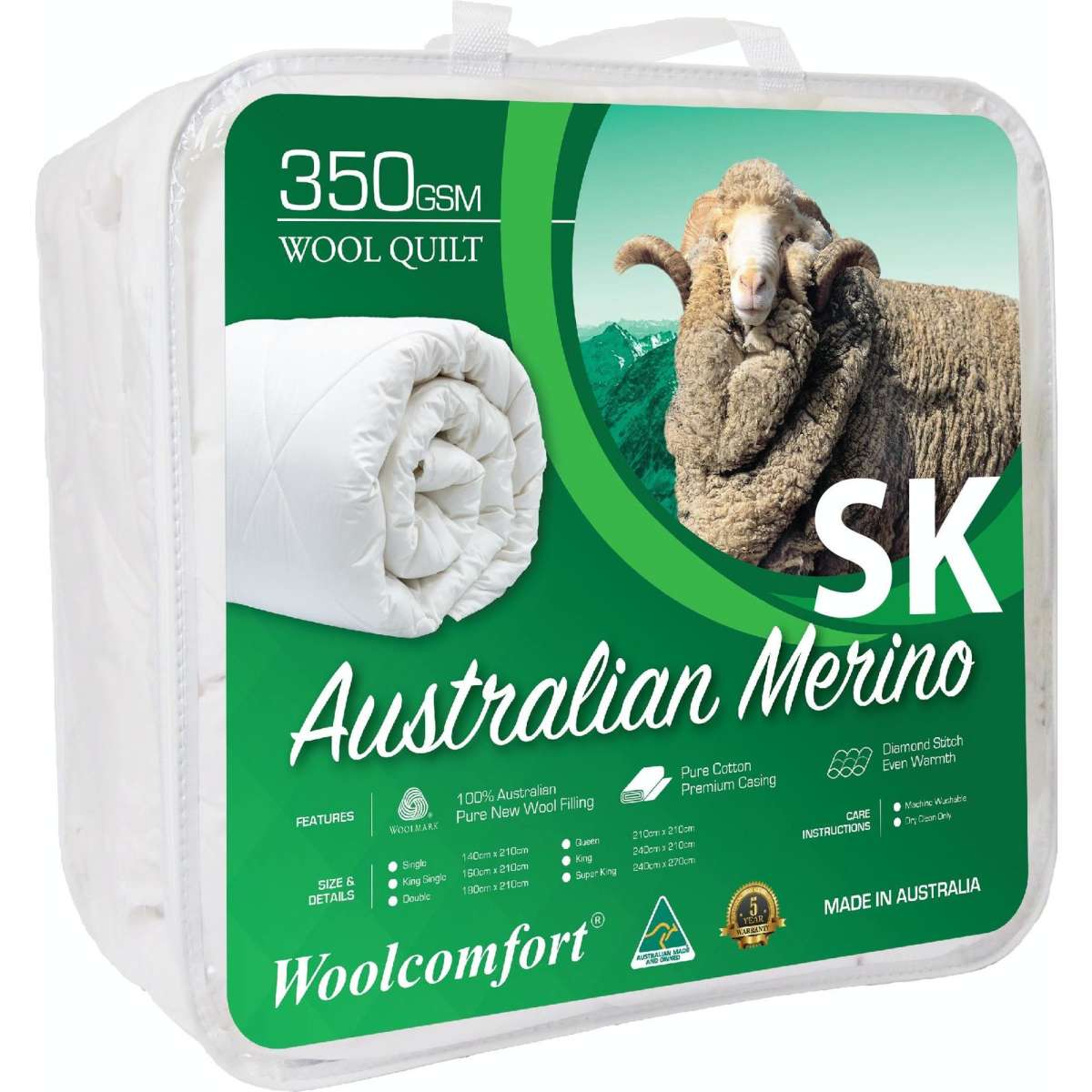 Aus Made Merino Wool Quilt 350GSM 270x240cm Super King Size