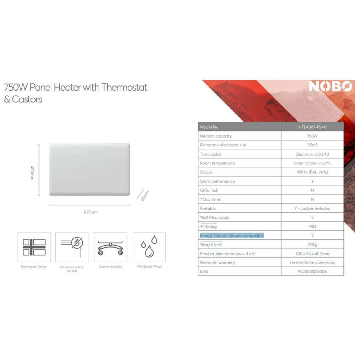 Nobo Slimline Panel Heater w/Castors & Thermostat White 750W Woolworths