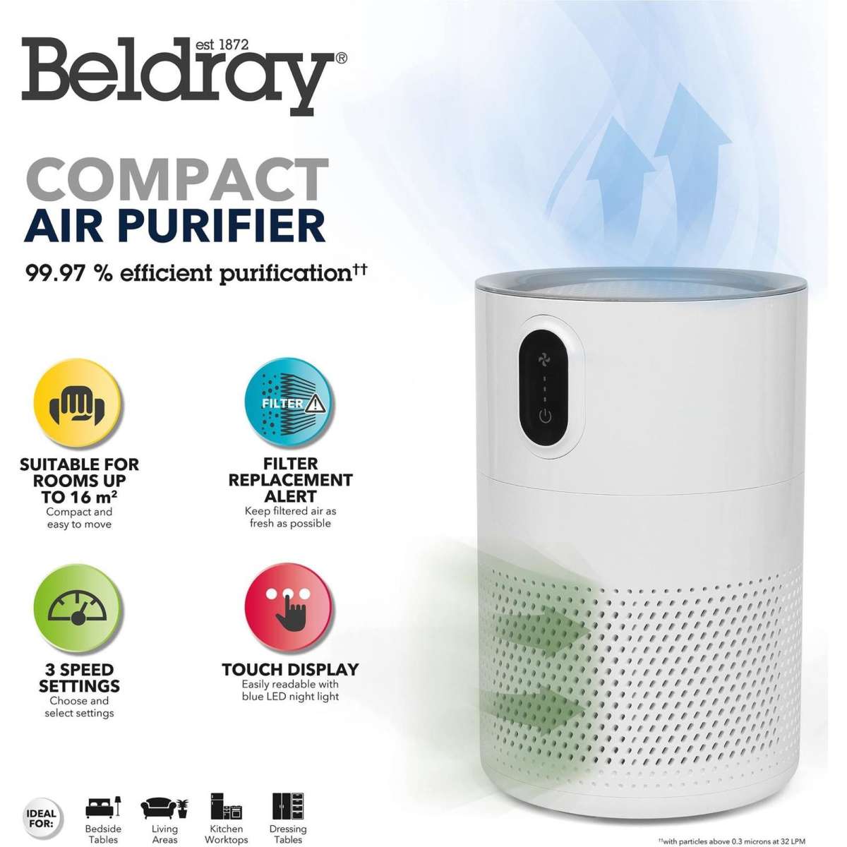 Beldray Compact Air Purifier, HEPA Filter, 3 Speed Settings, Able to
