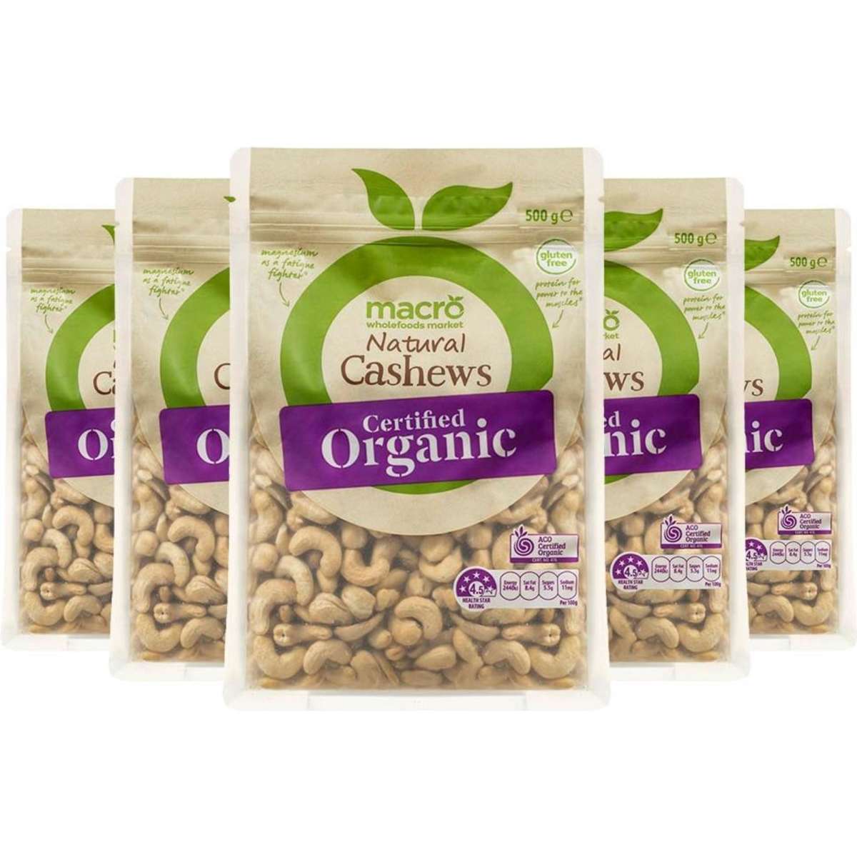 Macro Organic Natural Cashews 5pk Box 500g Woolworths