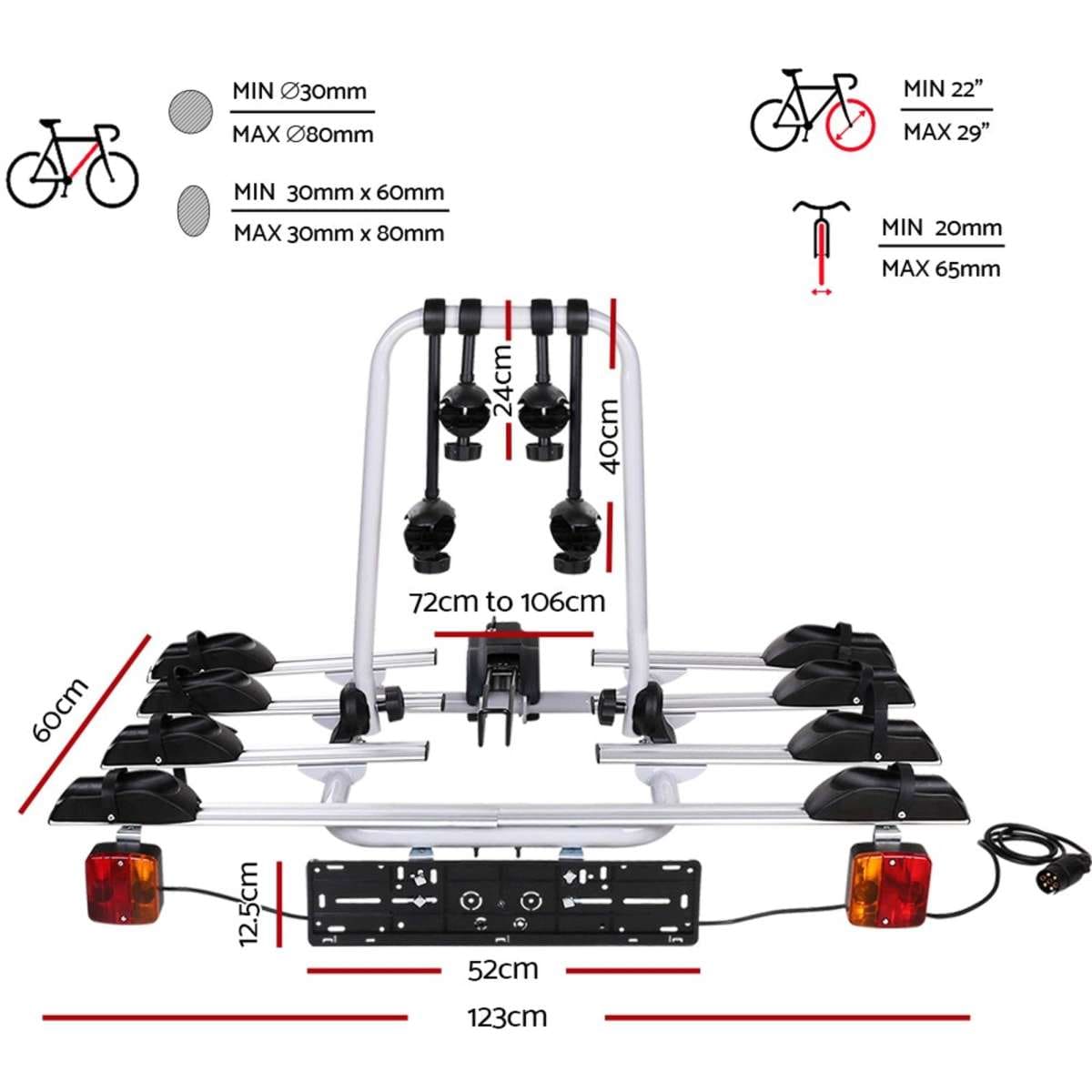 Giantz 4 Bicycle Bike Carrier Rack Car Towbar Hitch Ball Mount Tail light Silver Woolworths