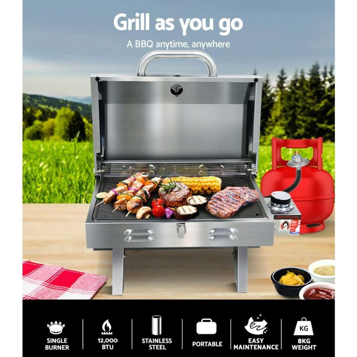 Grillz Portable Gas BBQ Grill with Double Sided Plate Woolworths