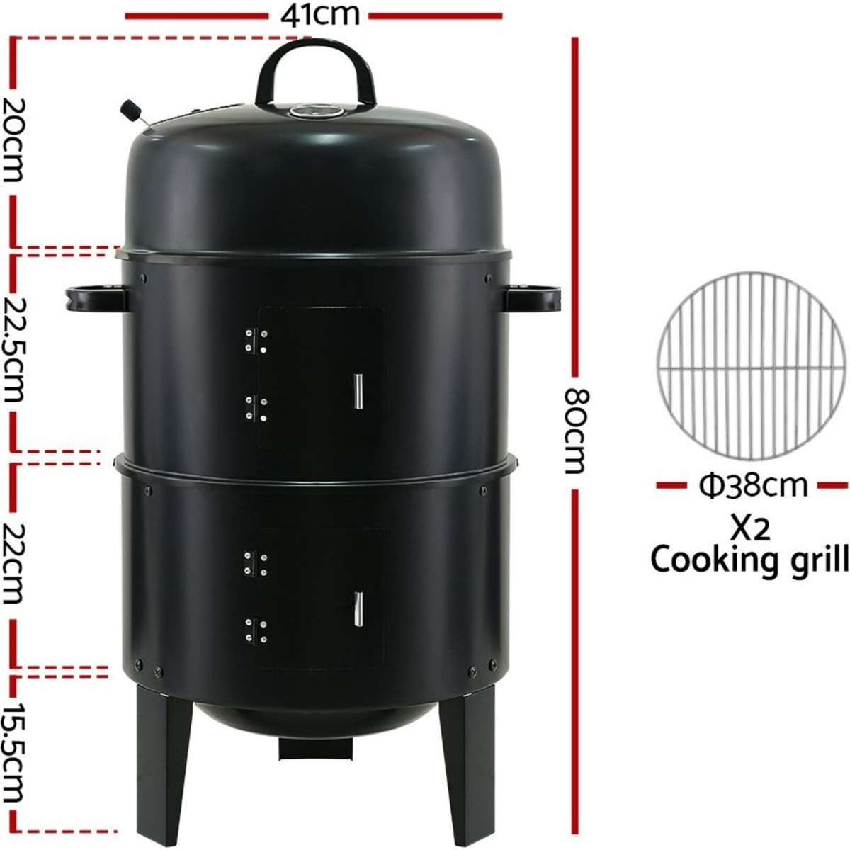 Grillz Outdoor BBQ Grill Smoker Charcoal 3in1 Thermometer Portable