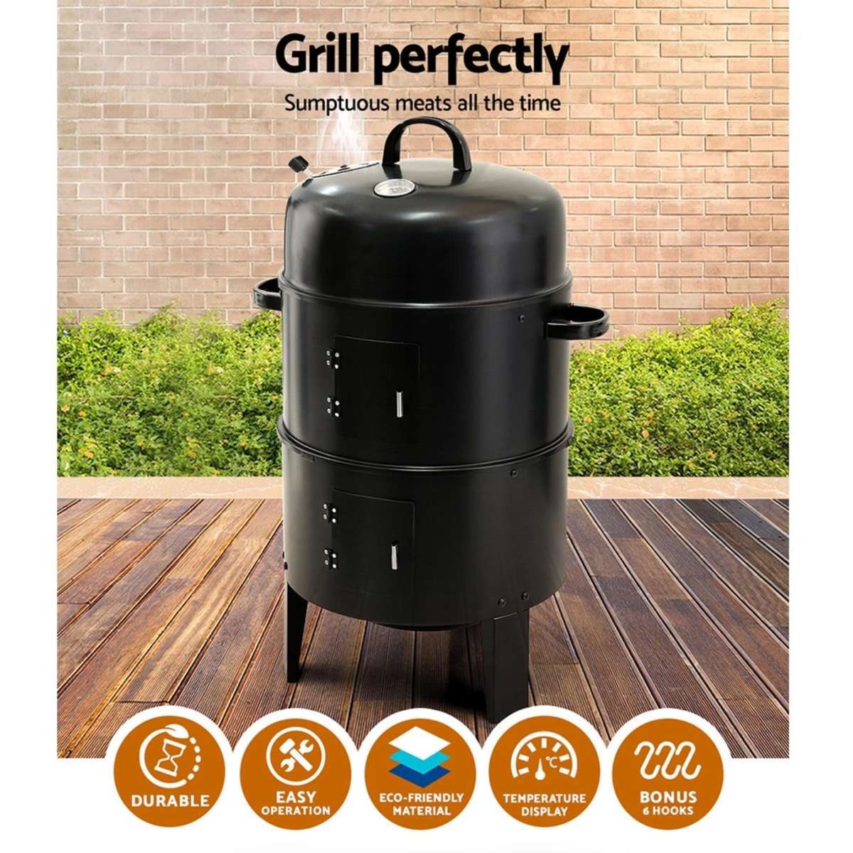 Grillz Outdoor BBQ Grill Smoker Charcoal 3in1 Thermometer Portable