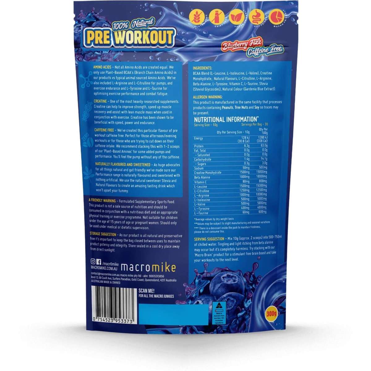 Macro Mike Pre Workout Blueberry Fizz 300g Woolworths