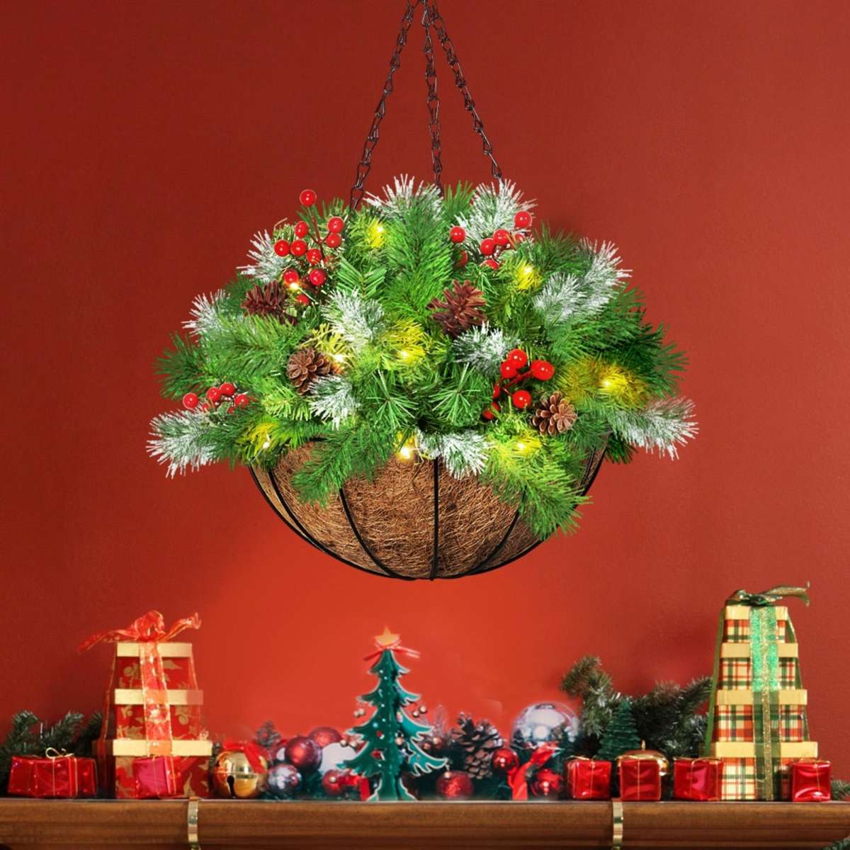 Santaco Christmas Hanging Basket Ornaments LED Lights Home Garden Porch