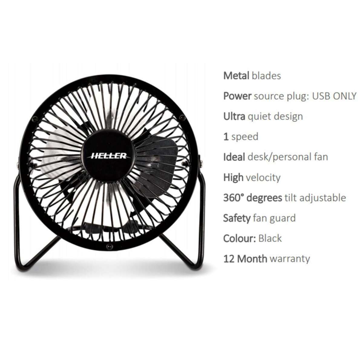 Heller High Velocity Mini Metal Fan Black w/ USB 10cm Woolworths