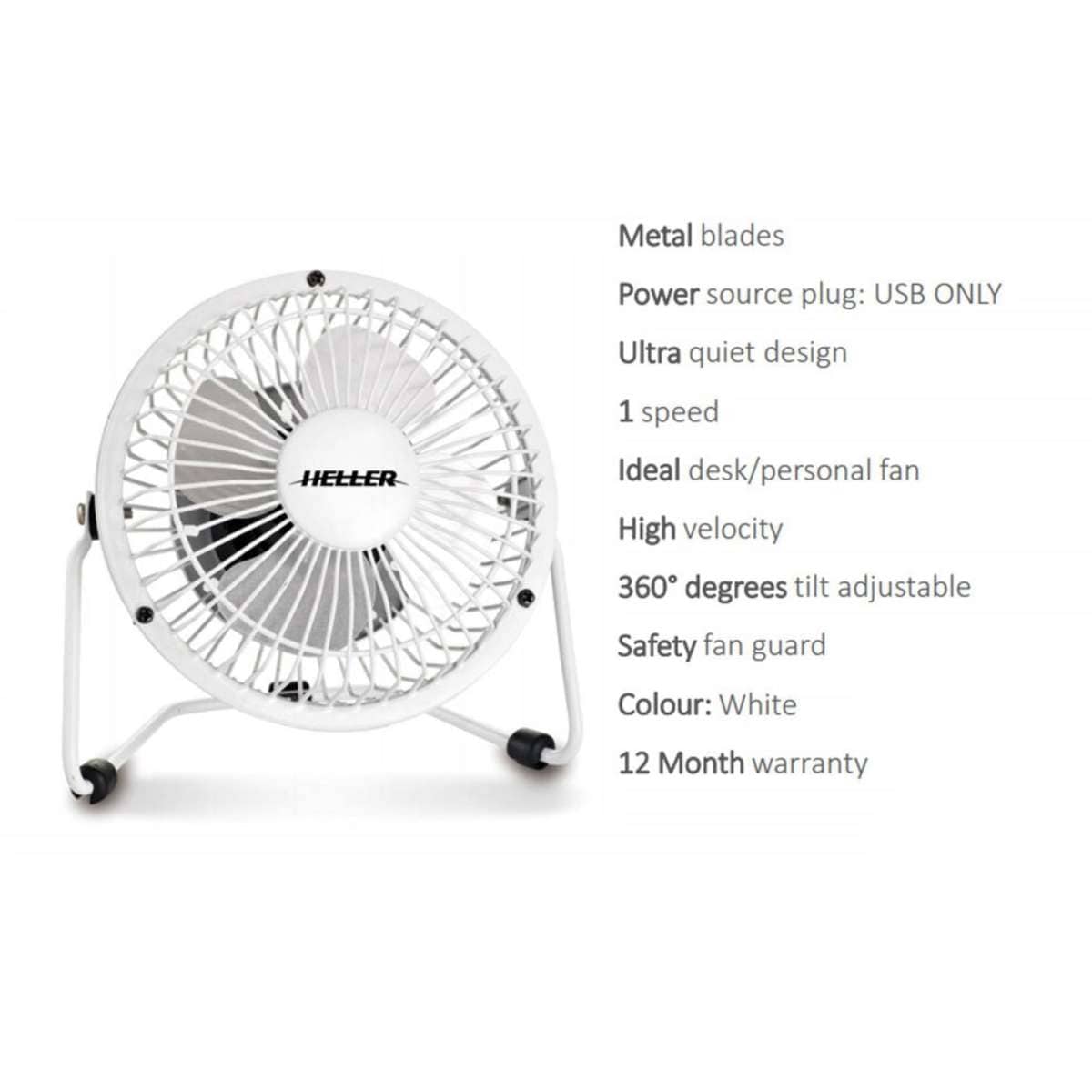 Heller High Velocity Mini Metal Fan White w/ USB 10cm Woolworths