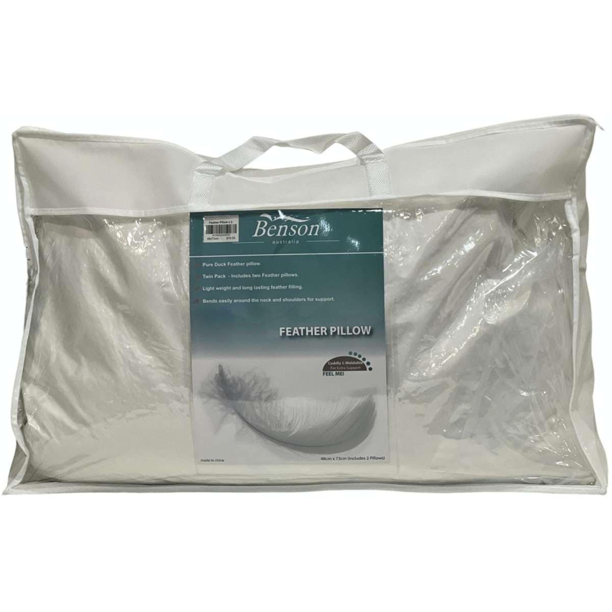 Benson Australia Pure White Duck Feather Pillows Twin Pack 48x73cm