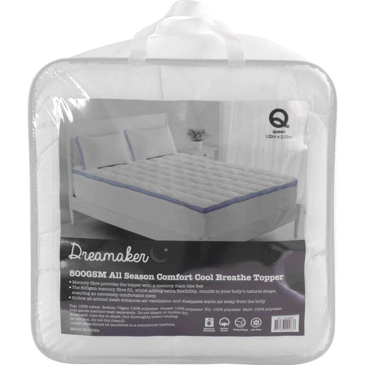 Dreamaker 800GSM Cool Breathe Memory Fibre Mattress Topper Queen Bed