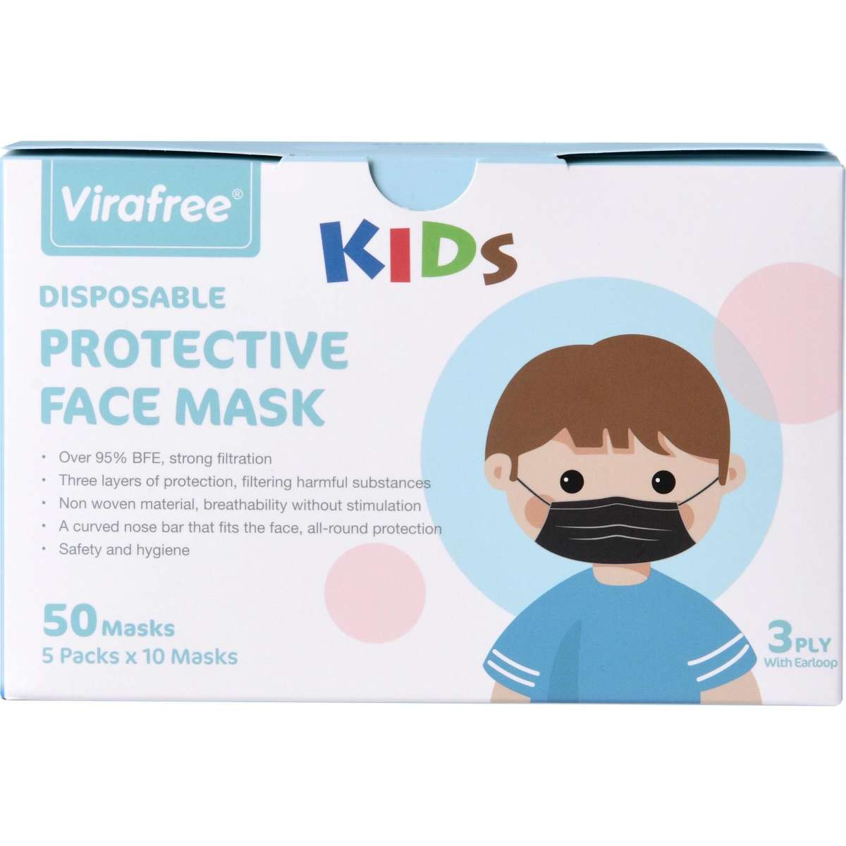 Virafree 3 Layer Disposable Protective Children Face Mask Black 2000pcs