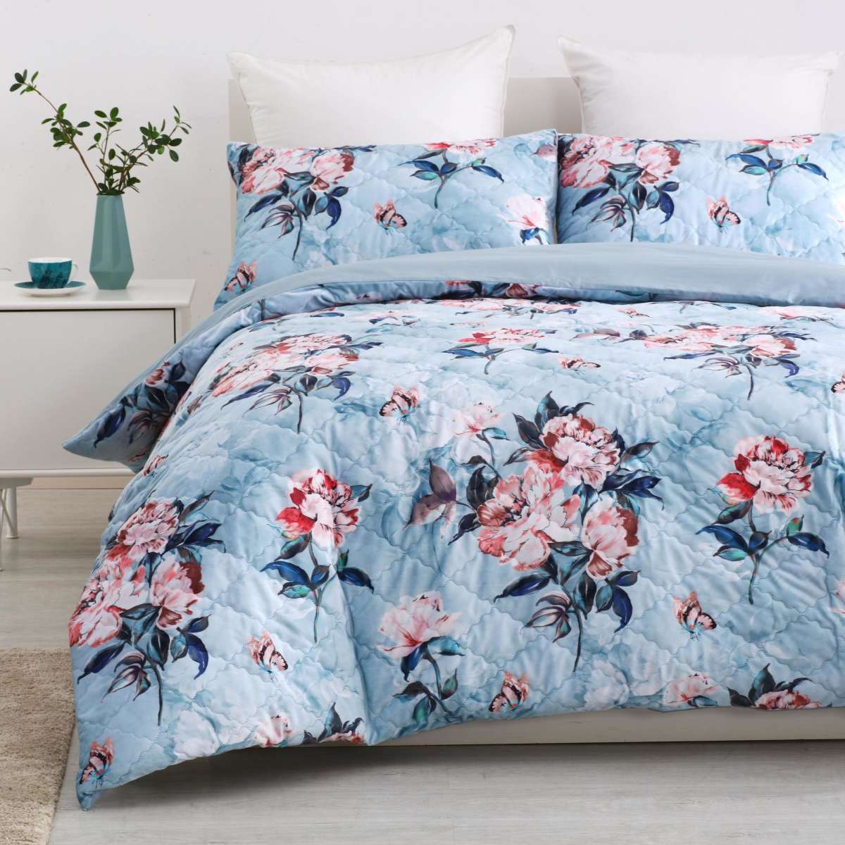 Dreamaker Velvet Digital Printing Pinsonic Quilted Quilt Cover Set Peony Queen Bed Woolworths