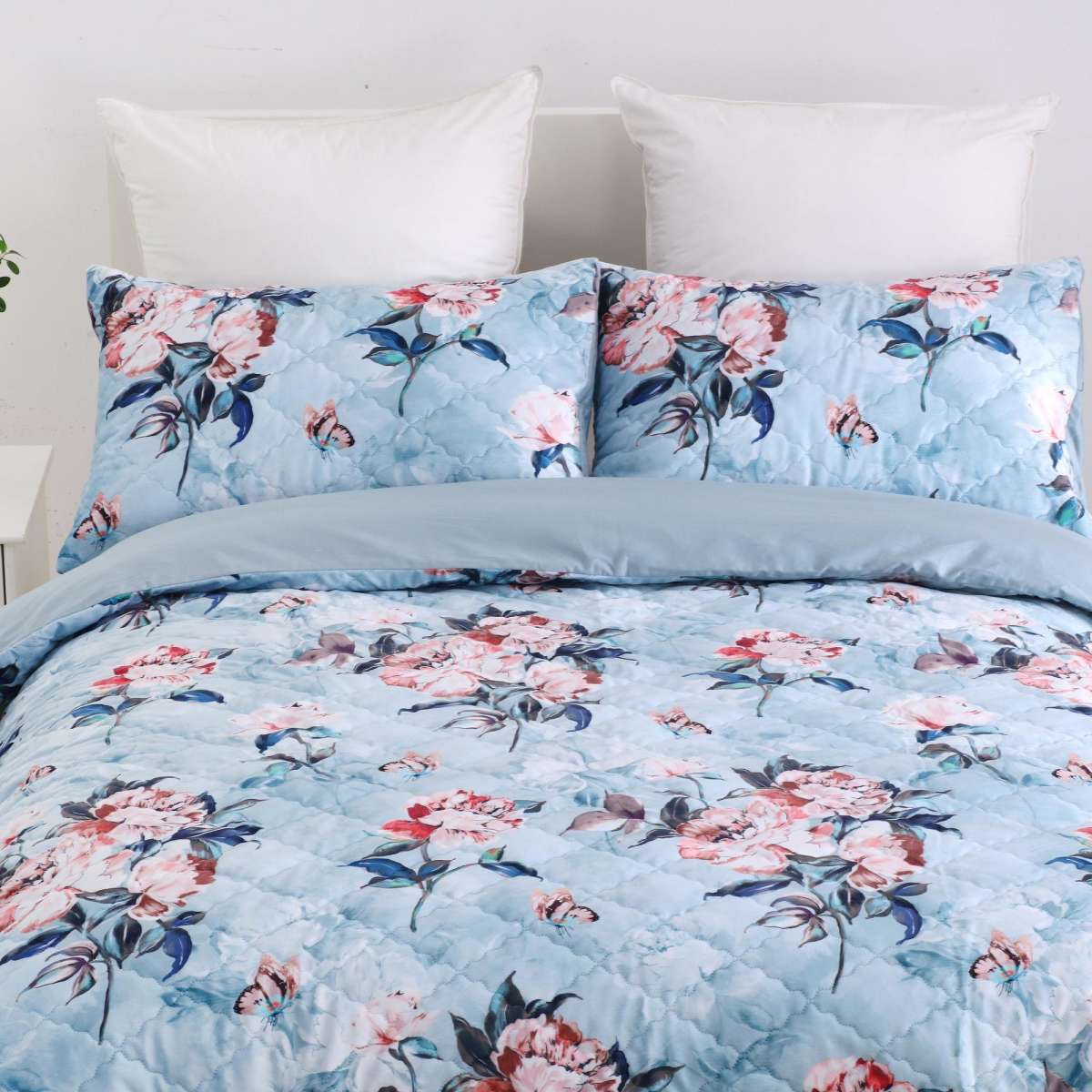 Dreamaker Velvet Digital Printing Pinsonic Quilted Quilt Cover Set Peony Queen Bed Woolworths