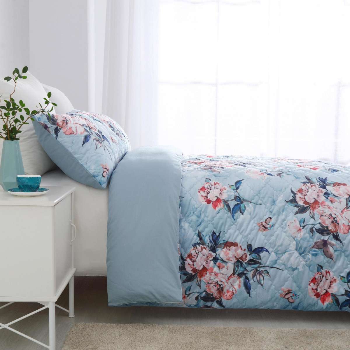Dreamaker Velvet Digital Printing Pinsonic Quilted Quilt Cover Set Peony Queen Bed Woolworths