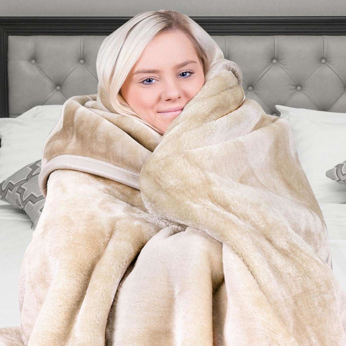 Laura Hill 600GSM Faux Mink Blanket DoubleSided Queen Size Beige