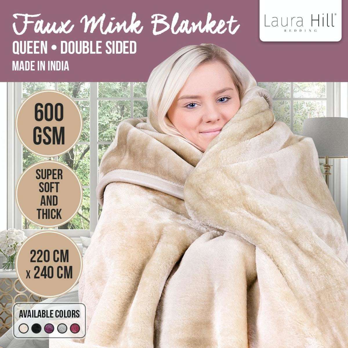 Laura Hill 600GSM Faux Mink Blanket DoubleSided Queen Size Beige
