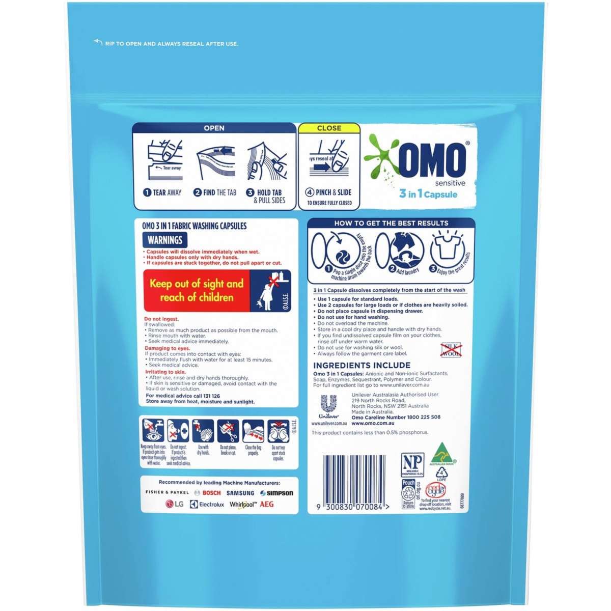 Omo 3in1 Laundry Capsules Sensitive 2.52kg 60 Pack Woolworths