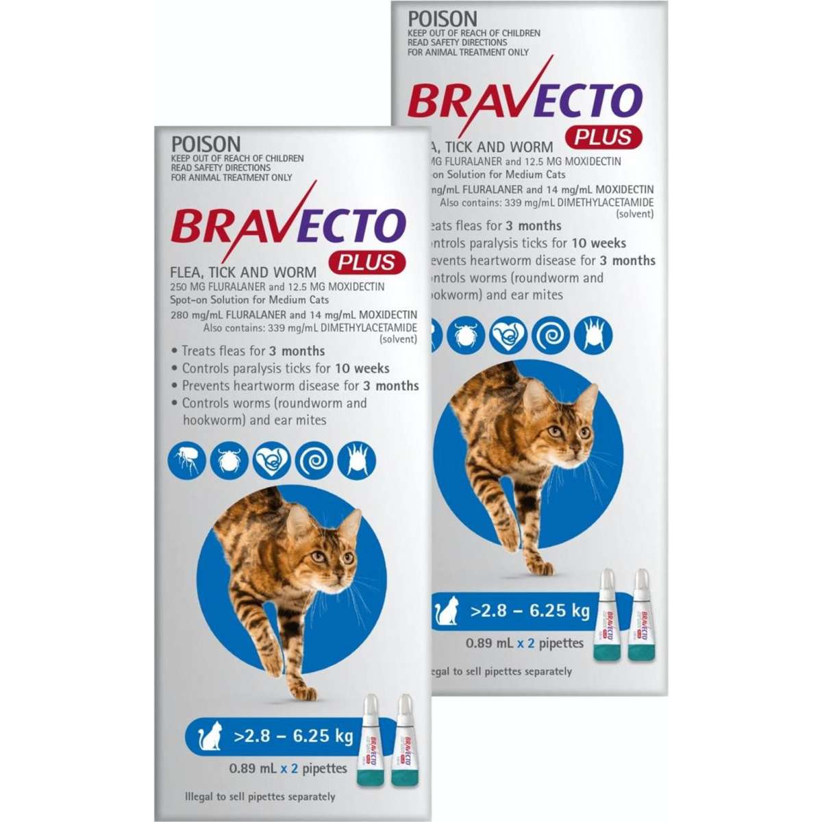 Bravecto Plus for Medium Cats (Blue) 2.86.25kg 2x2 pipettes Woolworths