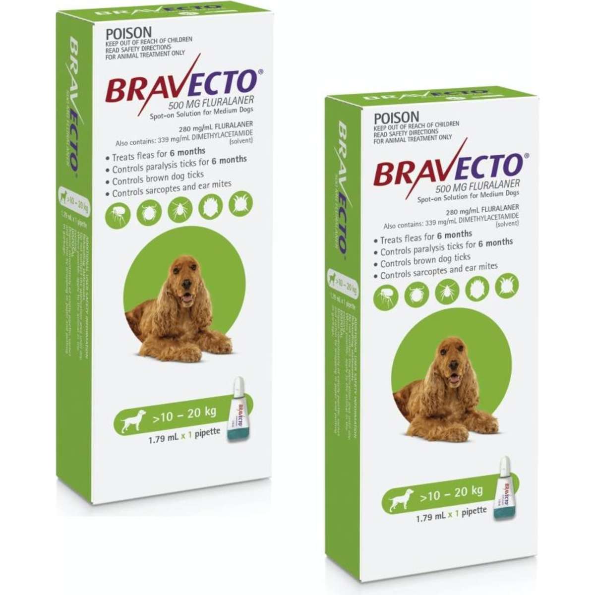 Bravecto Spot-on for Medium Dogs (Green) 10-20kg 2x1 pipette | Woolworths