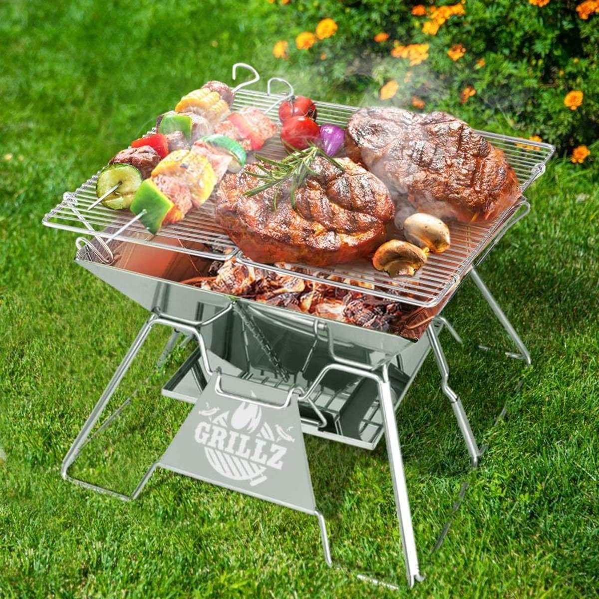 Grillz Camping Fire Pit BBQ 2in1 Grill Smoker Outdoor Portable