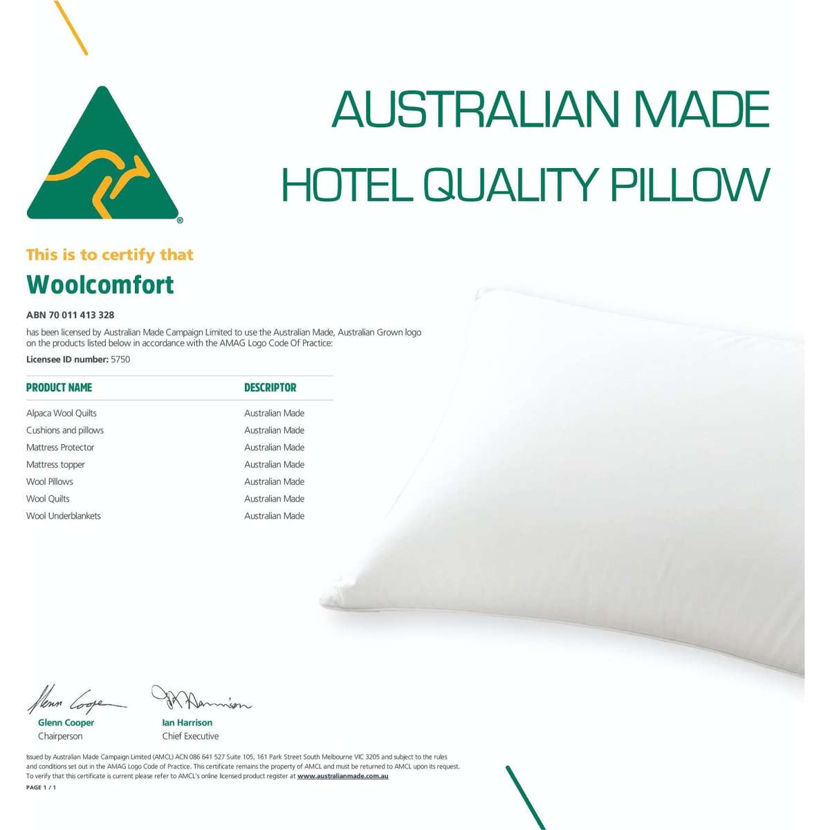 Luxor Australian Made Hotel Quality Pillow Standard Size Single Pack