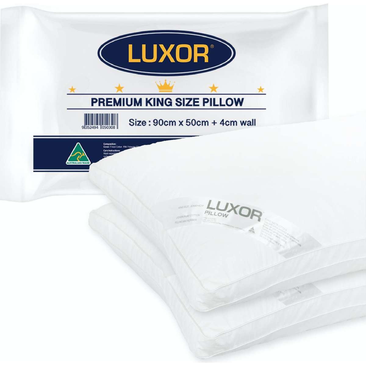 Luxor Australian Made Hotel King Size Pillow with 4cm Wall Twin Pack