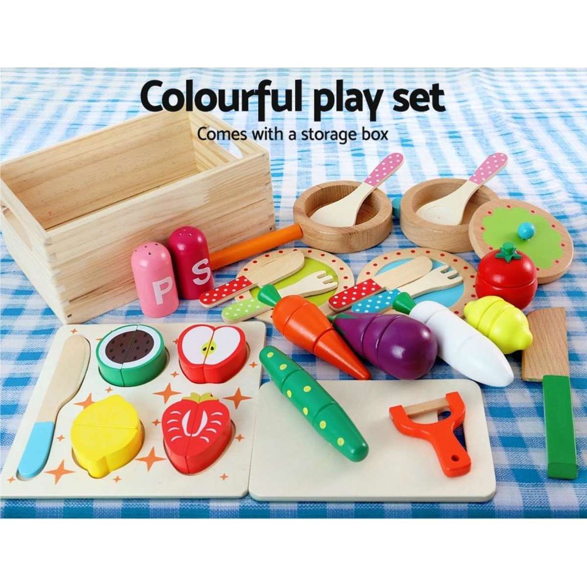 Keezi Kids Kitchen Play Set Wooden Pretend Toys Cooking Utensils Pots