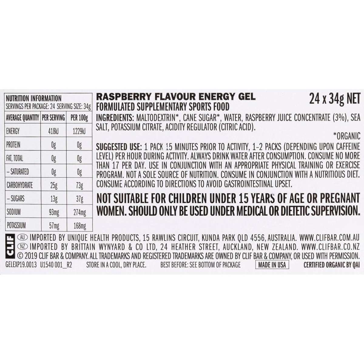 Clif Shot Energy Gel Razz Box 24 x 34g Woolworths