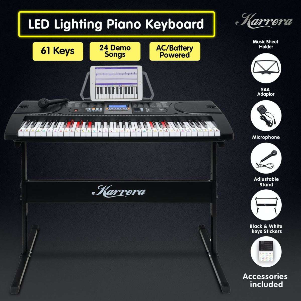 Karrera 61 Keys Electronic LED Keyboard Piano with Stand Black