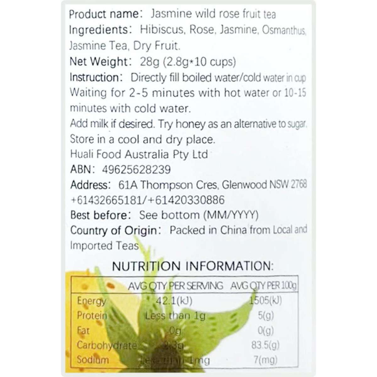 B&D Flower Tea cup tea White jasmine prickly pear tea 2.8g*10 cups