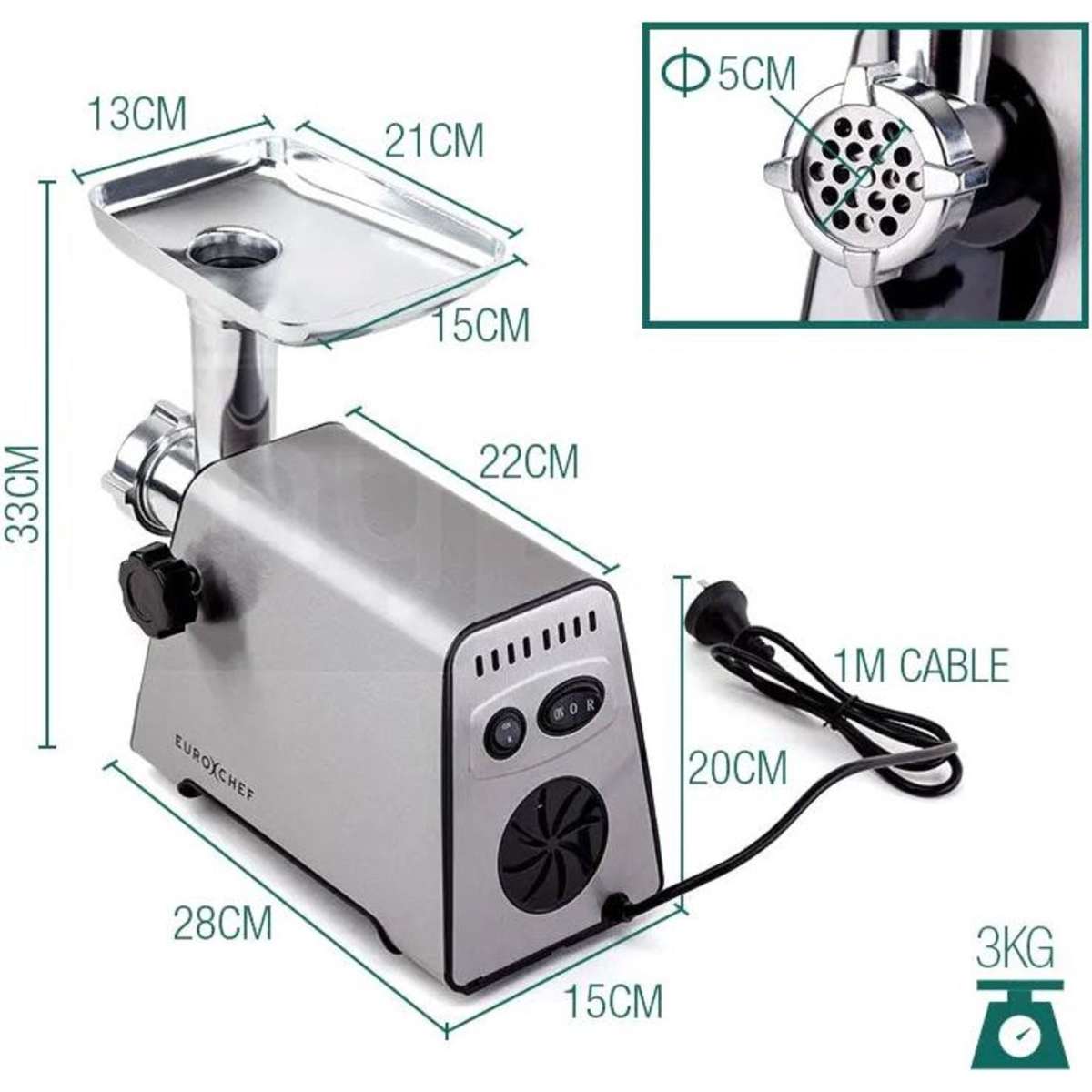 Eurochef Meat Grinder Electric Stainless Steel Mincer Sausage Kebbe