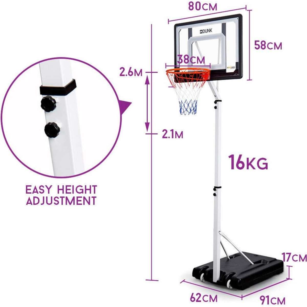 Dr.Dunk Portable Basketball Hoop Stand System Height Adjustable Net